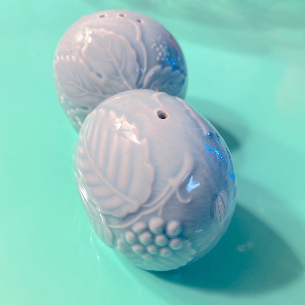 Pale Blue Vintage Berry and Leaf Salt and Pepper Shakers marked Japan